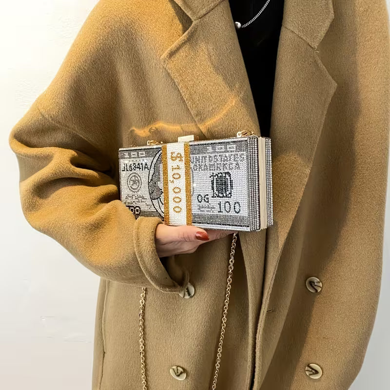 Premium Dollar Clutch - Gold with Chain