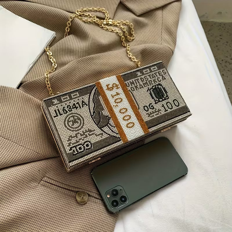Premium Dollar Clutch - Gold with Chain