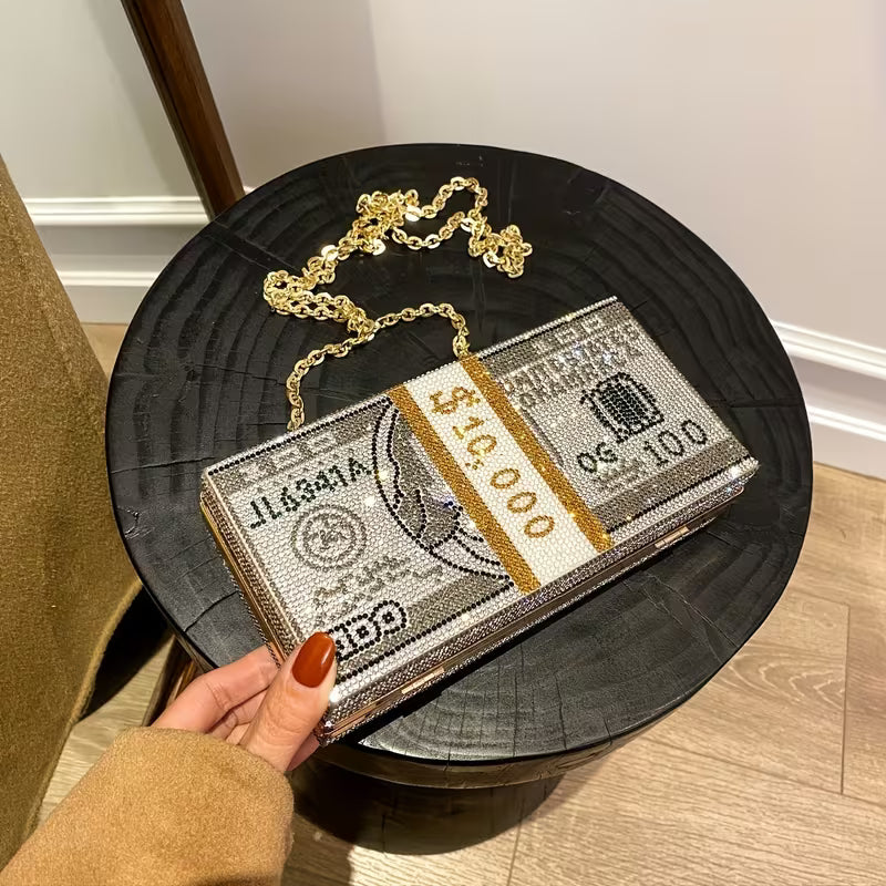 Premium Dollar Clutch - Gold with Chain