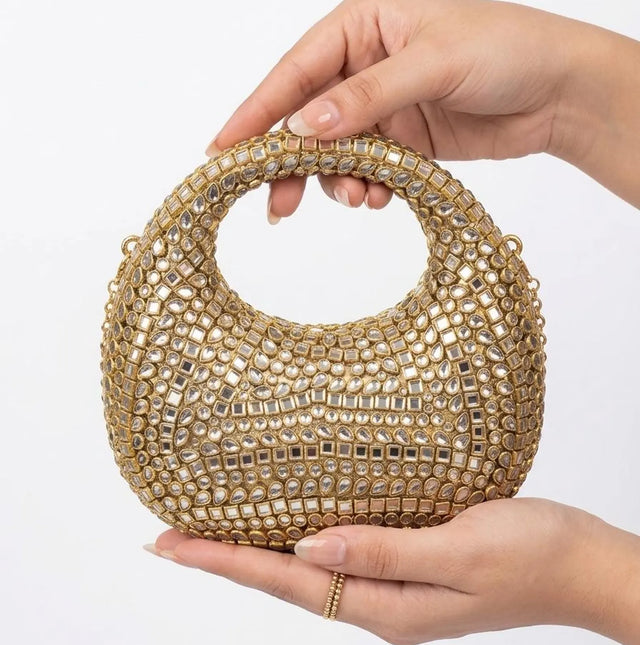 Viral Kundan Moon Clutch with Chain