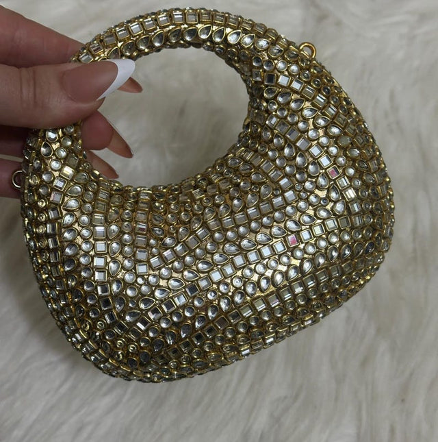 Viral Kundan Moon Clutch with Chain
